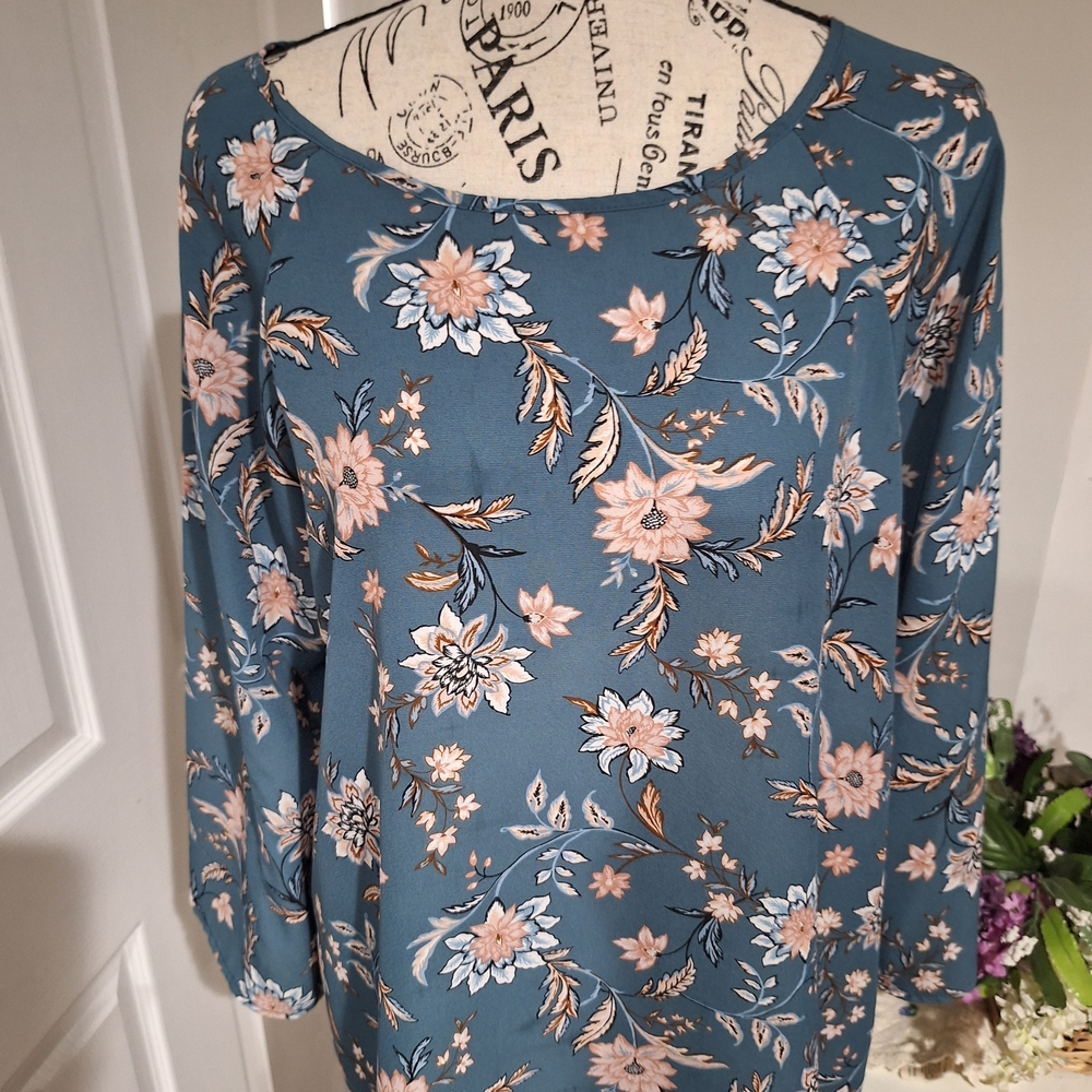 Papermoon Blue Floral Long Sleeve Blouse with Pink Accents - Picture 3 of 3